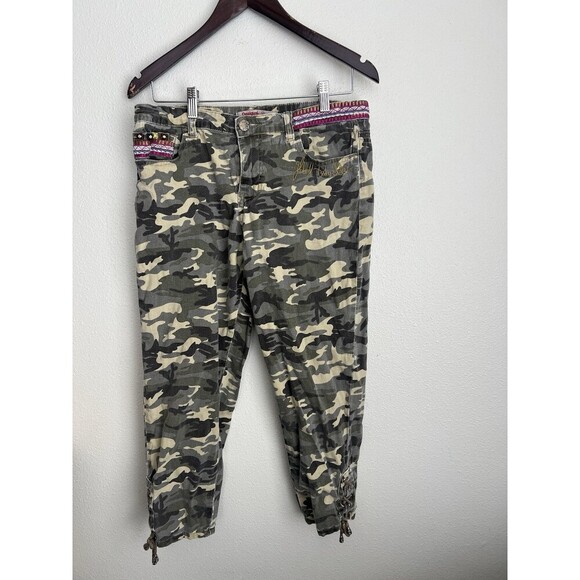 VTG Desigual Camo Cargo Pants 42 Boho Embellished Lace-Up Gorpcore Military Y2K - Picture 1 of 12
